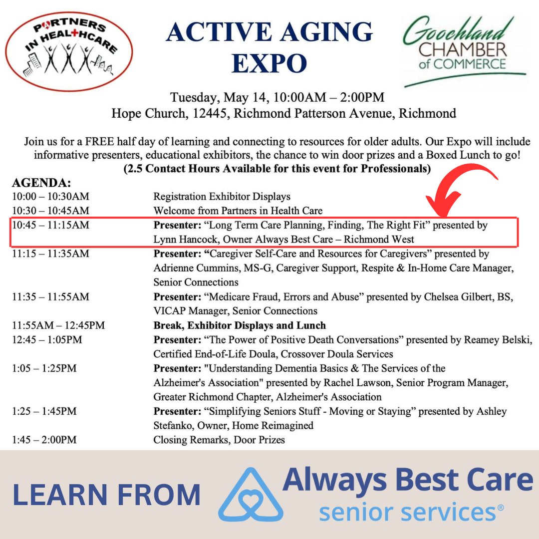 Please join us for this FREE Active Aging Expo!  

#ActiveAgingExpo #Community #FREEevent #Richmond #RVA #LongTermPlanning #Educational #WECANHELP