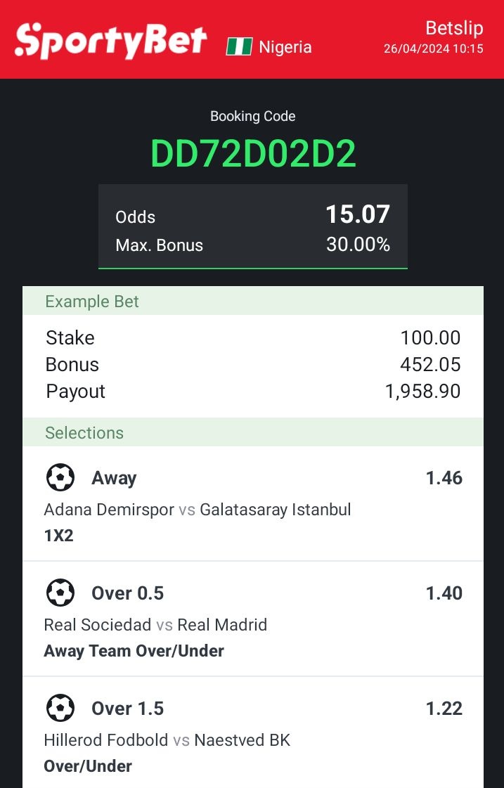 SportyBet ❤️ For More Tips Join Telegram Here👉🏾 t.me/+t6a-hycGqkhjZ… Good luck 🤞🏾 Stake Responsible 🔞 @Ekitipikin @metuchizzy @LouieDi13 @_kennyblaze1391