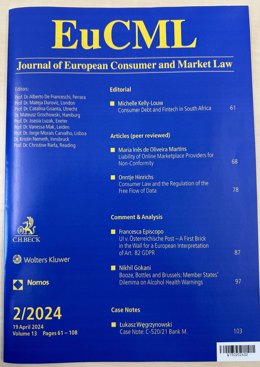 New ⁦@eu_cml⁩ is out in print - with a variety of contributions on European #consumerlaw and with an outlook into South Africa.