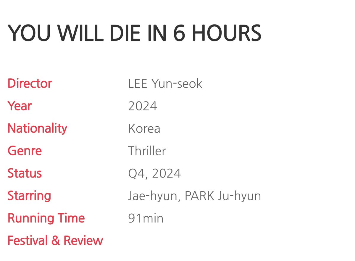 ya terminó la producción de <You Will Die in 6 Hours> la película está programada para estrenarse en el cuarto trimestre de este año * la película es un thriller de misterio. jaehyun interpreta a 'junwoo', el personaje principal, que es capaz de predecir la muerte