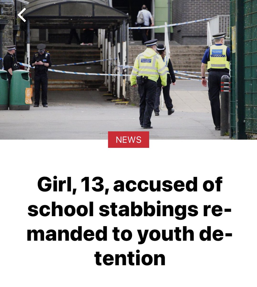 13 YEAR OLD GIRL CHARGED WITH SCHOOL STABBINGS IS REMANDED

The 13-year-old, who cannot be named for legal reasons, showed no emotion as she appeared in the dock at Llanelli Magistrates' Court on Friday.

The girl is accused of stabbing two teachers and a pupil at a school in…