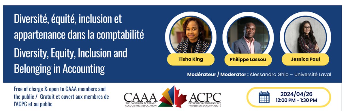 Join us today at 12 EST time for this exciting panel on #diversity in accounting | rejoignez nous pour ce super atelier sur la diversité en compta ajrd Ouvert à toustes / open and free us02web.zoom.us/meeting/regist… @caaa_acpc @AccForImpact @fsaulaval @CPAcanadaFR @EAA_ARC @csearUK