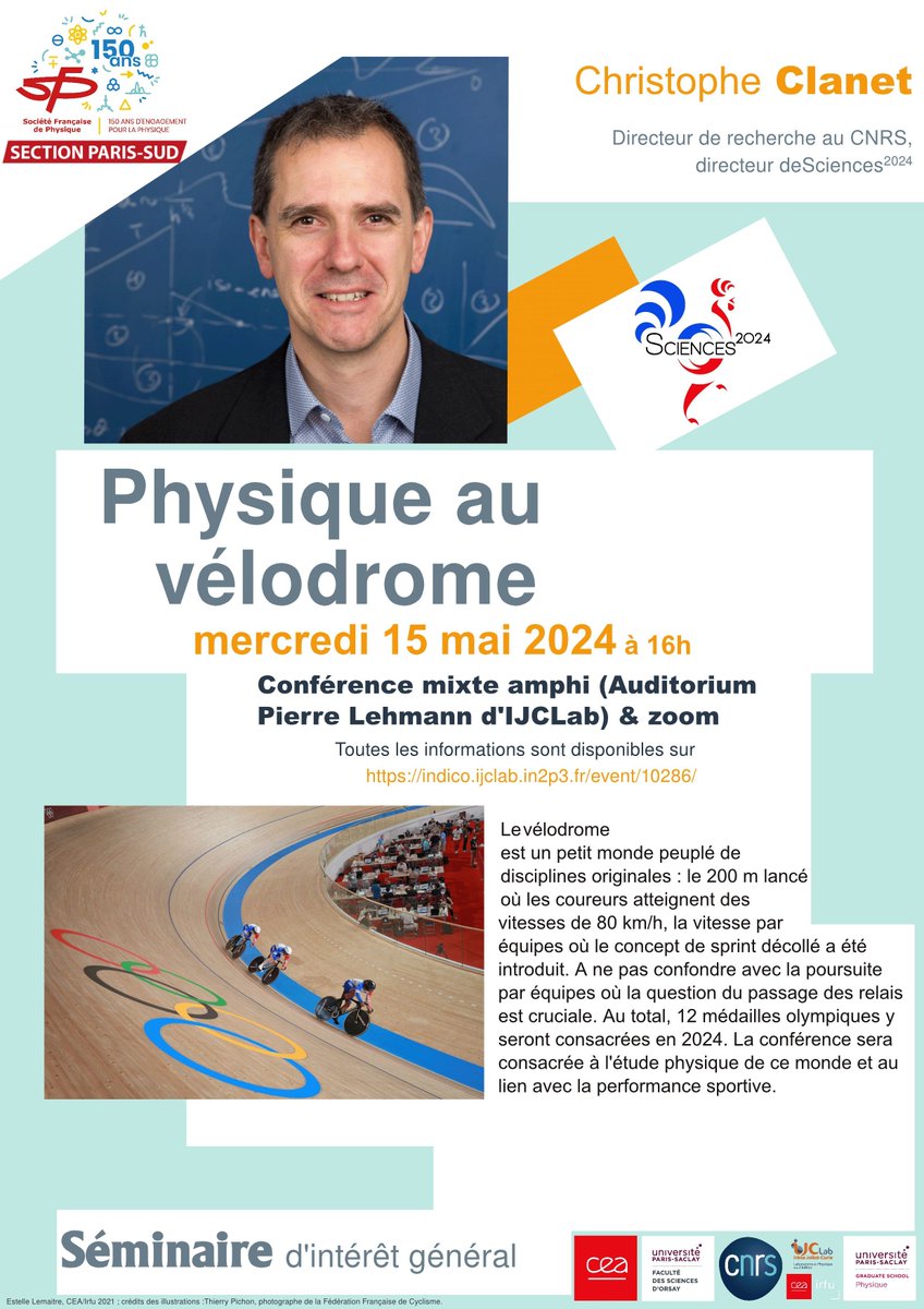 Physique au Vélodrome ! 🚴‍♂️ La conférence de Christophe Clanet 'Physique au vélodrome' aura lieu le mercredi 15 mai 2024 à 16h à l'Auditorium Pierre Lehmann au bâtiment 200 du laboratoire IJCLab, sur le campus de l'Université Paris-Saclay. #CNRS