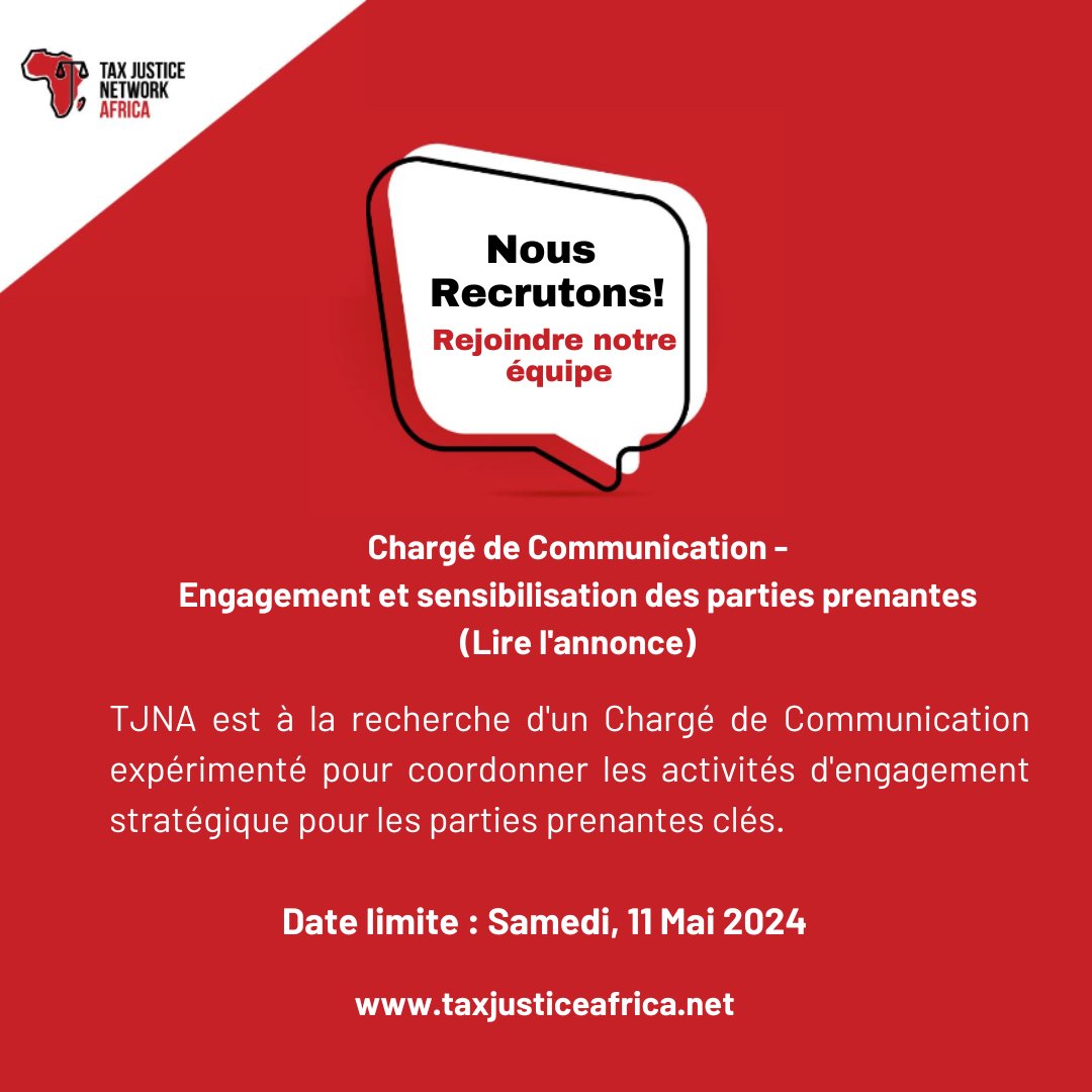 📢 Nous recrutons ! TJNA cherche à recruter un(e) chargé(e) de communication compétent(e) pour rejoindre notre équipe de communication. Postulez maintenant 👉 tjna.me/49NlK9n #TaxJusticeAfrica Aimez, commentez, partagez