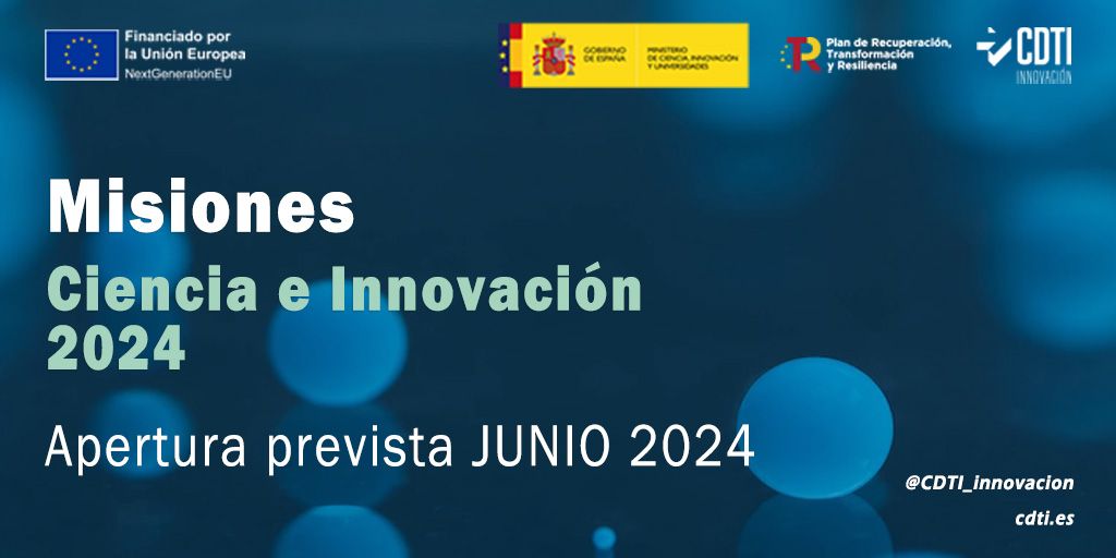 📢 Prepara tu propuesta! 🗓️JUNIO: próxima apertura convocatoria 2024 del programa Misiones Ciencia e Innovación del @CDTI_innovacion para fomentar la investigación en torno a ocho retos transversales y estratégicos ▶️ acortar.link/k91Xnj #PlandeRecuperacion #NGEU