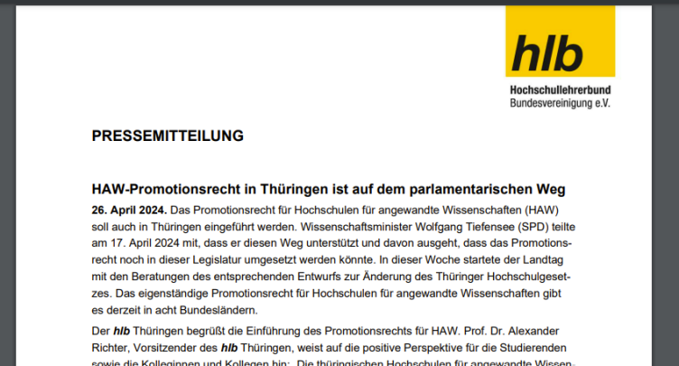 #HAW-#Promotionsrecht in Thüringen ist auf dem parlamentarischen Weg: Wissenschaftsminister @WTiefensee (SPD) teilte am 17. April 2024 mit, dass er davon ausgeht, dass das Promotionsrecht noch in dieser Legislatur umgesetzt werden könnte 👉linkedin.com/posts/hochschu…