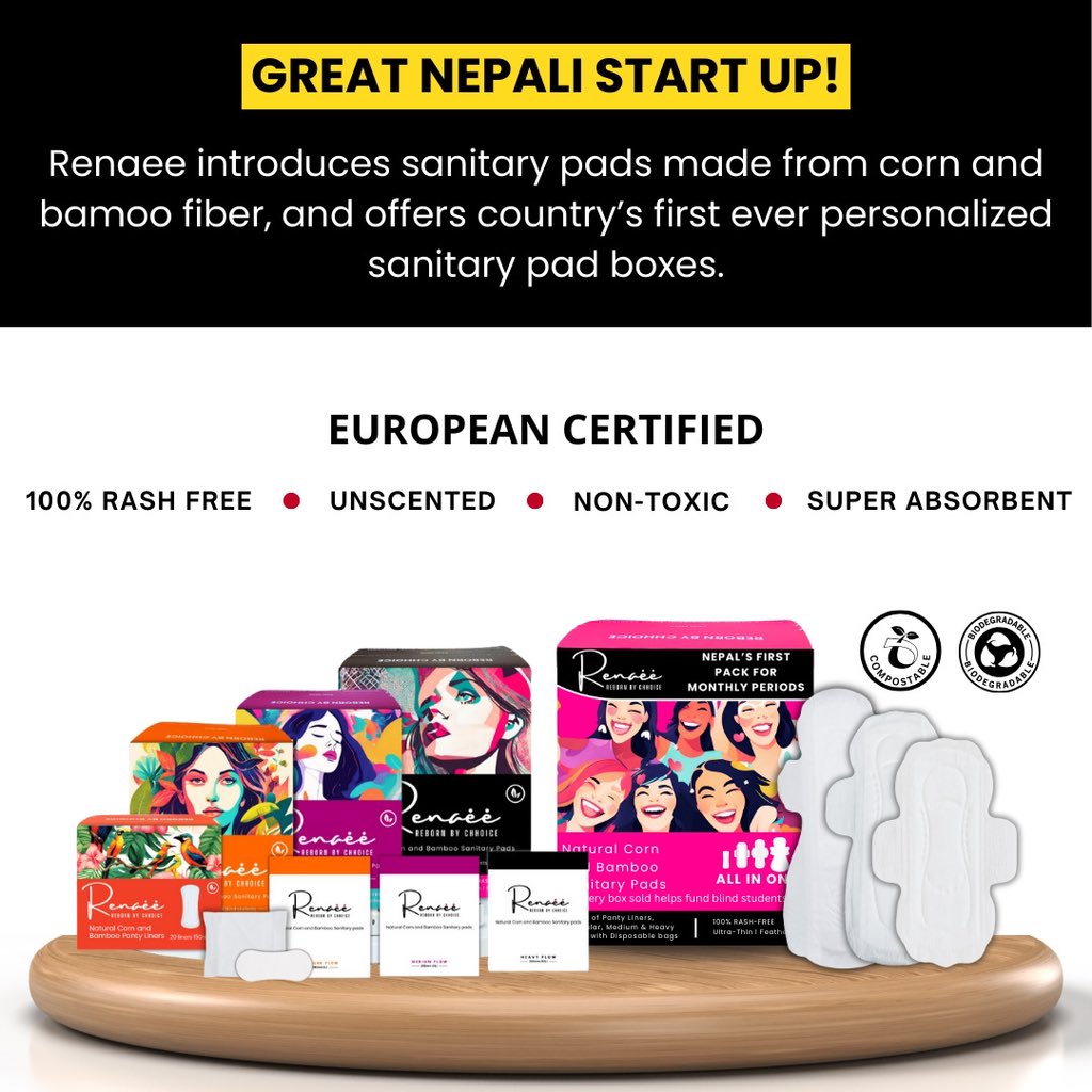 GREAT NEPALI STARTUP: Renaee has introduced the first-of-its-kind sanitary pads in Nepal, which are made of corn and bamboo fiber. 😮

#startup #entrepreneur #entrepreneursofnepal #aspiringentrepreneur #productofnepal #nepalipan #supportlocal #nonextquestion