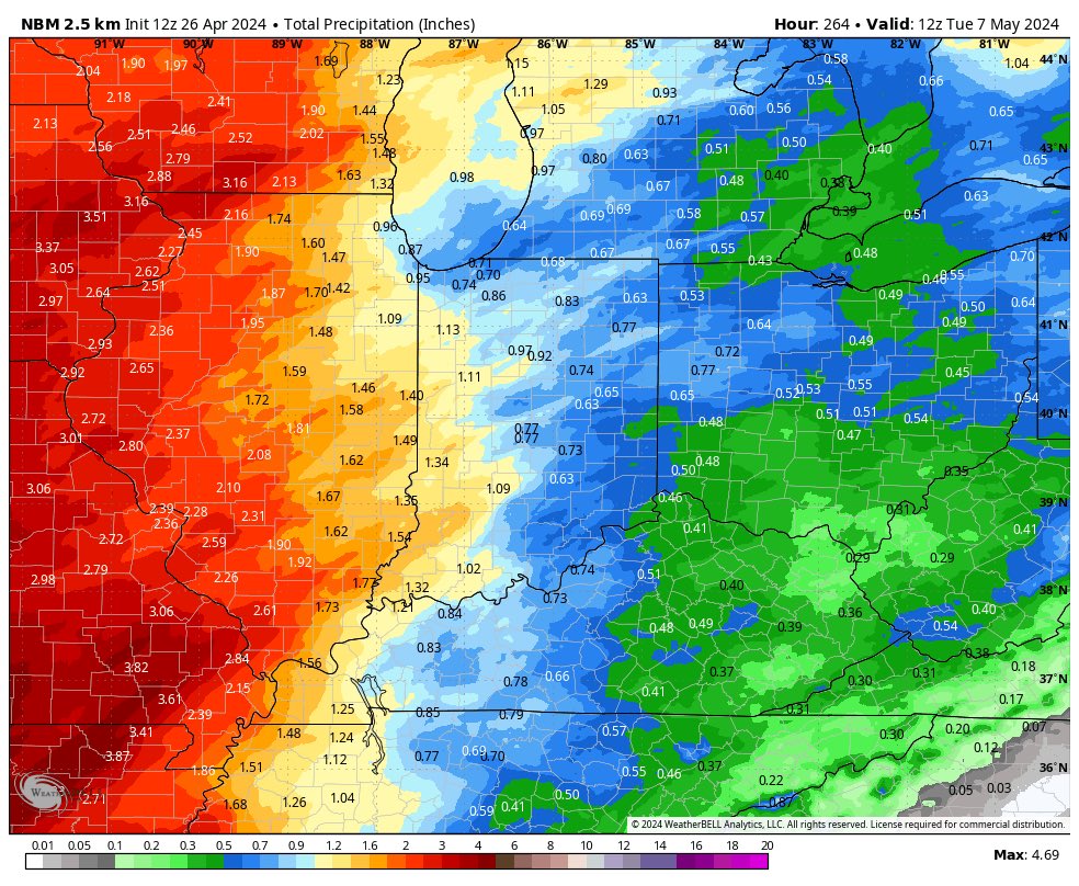 Heavy rain is expected across western portions of the region this weekend into next week. Model blend data shows a widespread 1-3” across IL/WI/IA! #ILwx #IAwx #INwx #WIwx #AGwx