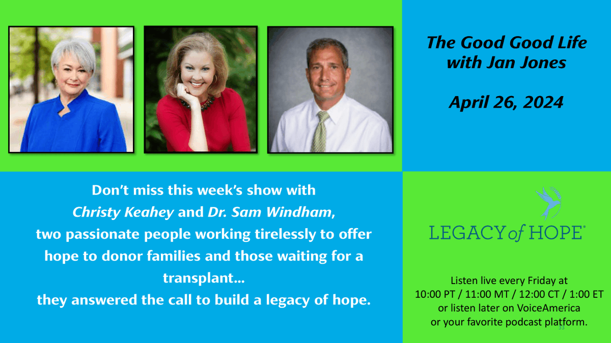 National Donate Life Month is coming to an end and it is the perfect time to hear from Christy Keahey, our Executive Director, and Dr. Sam Windham, our Medical Director. Tune in today at 12 noon CT to The Good Good Life hosted by Jan Jones. Jan is a double organ transplant re ...