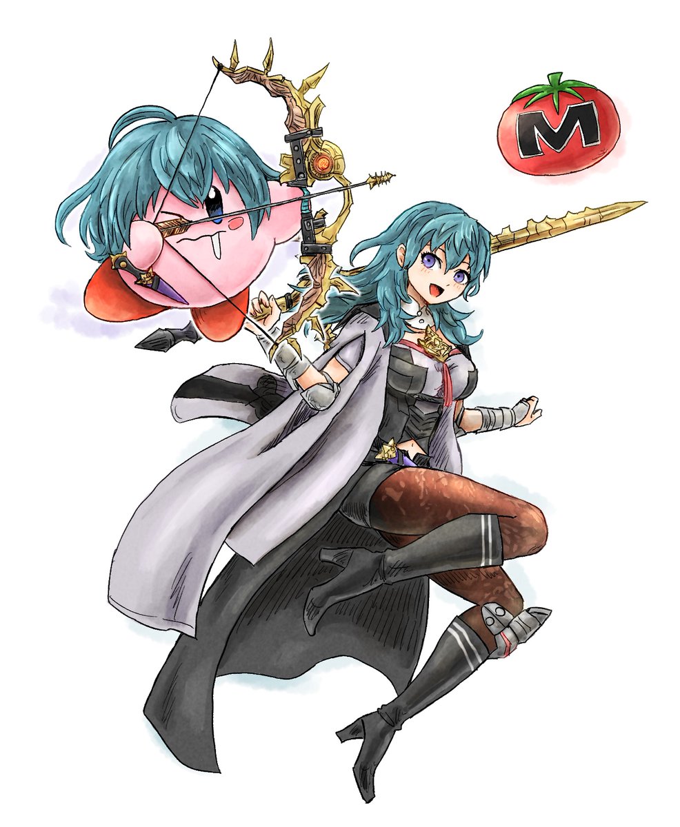 byleth (female) (fire emblem) ,byleth (fire emblem) ,kirby 1girl long hair breasts looking at viewer smile open mouth blue eyes  illustration images