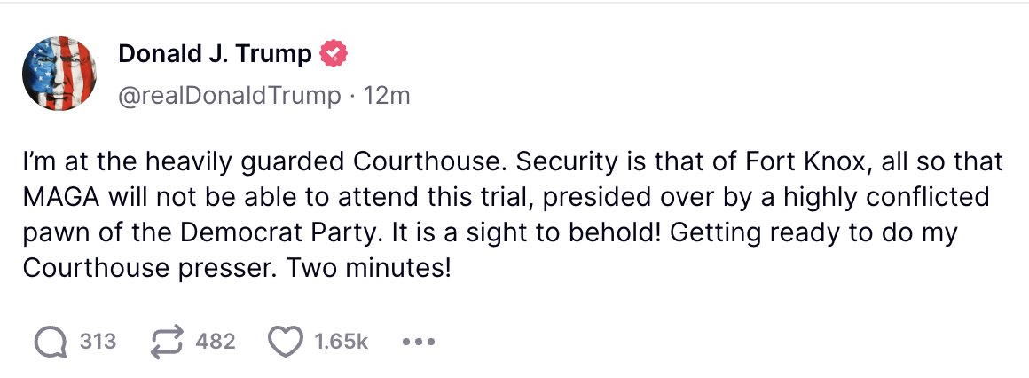 kaitlancollins's tweet image. Again, the courthouse is open the public. The park outside, where a handful of his supporters have gathered on trials days, is easily accessible.