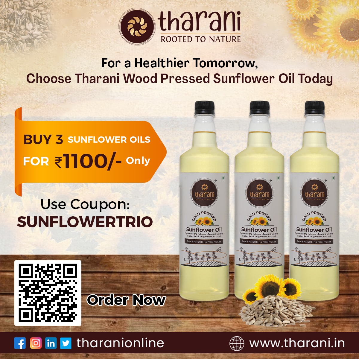 Special Offer Alert! Buy 3 bottles of Sunflower Oil for just ₹1100/-
Use coupon code: SUNFLOWERTRIO to claim your discount.
 Click here to order now: bit.ly/3W00Ikr
Call us: 062817 82290
#HealthyCooking #tharanisunfloweroil #SunflowerTrio #healthylifestyles #naturaloil