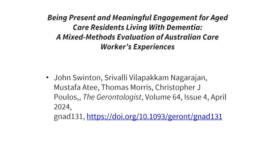 Recommended reading: 'Being Present and Meaningful Engagement for Aged Care Residents Living With #Dementia: A Mixed-Methods Evaluation of Australian Care Worker's Experiences' doi.org/10.1093/geront… #BGSconf