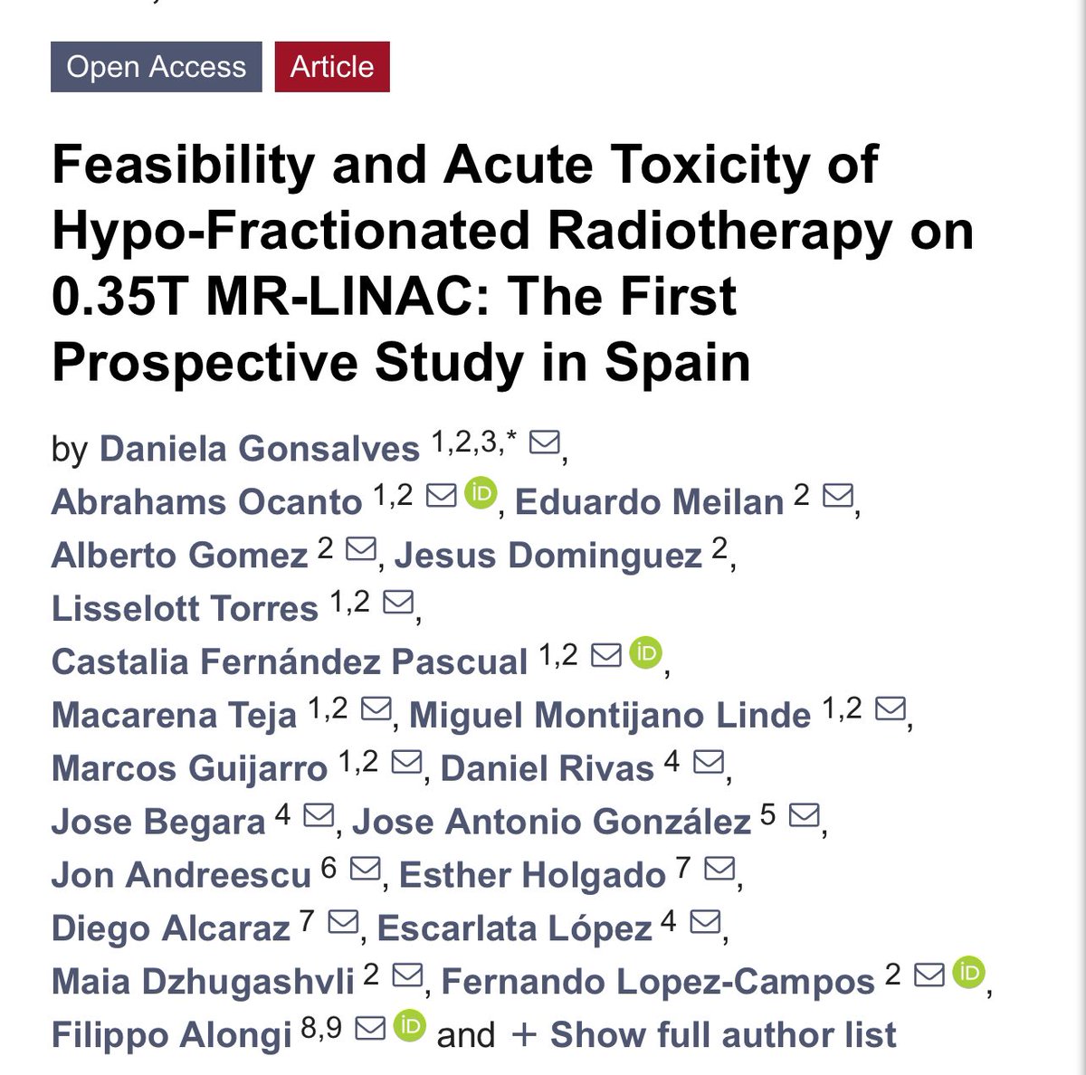 📄Feasibility and Acute Toxicity of Hypo-Fractionated Radiotherapy on 0.35T MR-LINAC: The First Prospective Study in Spain • Our paper is OUT. Congrats all authors ☺️ mdpi.com/2072-6694/16/9… @alongi_filippo @F_lopez_campos @FuenteApolo @dgpieretti @SEOR_ESP @ESTRO_RT