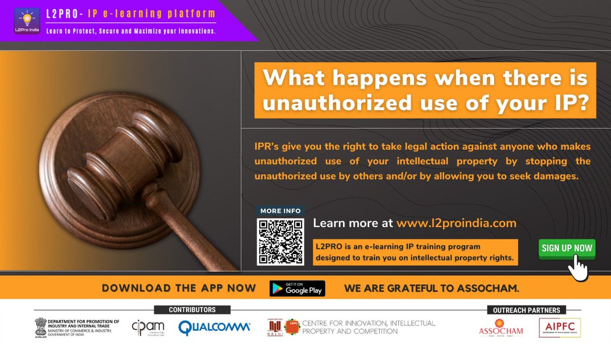 #IPRights gives you the right to take legal action against anyone who makes #unauthorizeduse of your #intellectualproperty by stopping the unauthorized use by others and/or by allowing you to seek damages.

#l2pro #L2ProIndia #intellectualpropertyprotection #IP_training_program