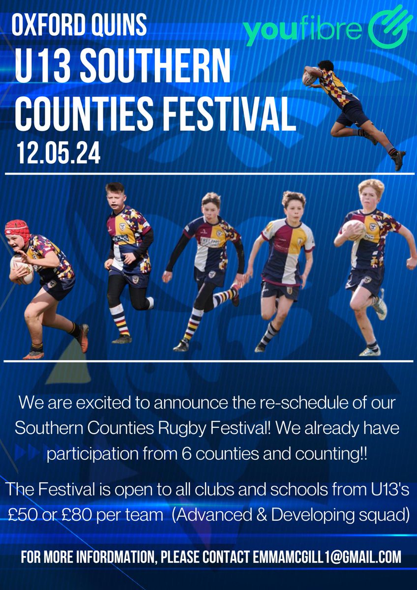 6 counties and counting! We're very pleased to be able to announce the re-scheduled date of our Southern Counties Rugby Festival. Open to all cubs and schools from U13's. Looking forward to seeing you all there! Thank you to @youfibre for sponsoring the event.