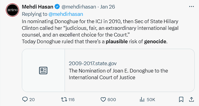 Thread: A list of 'human rights experts' and media outlets who lied to the world about the meaning of the @CIJ_ICJ order. Let's begin with a classic from @mehdirhasan, who read words into Donoghue's ruling that she herself rejects.