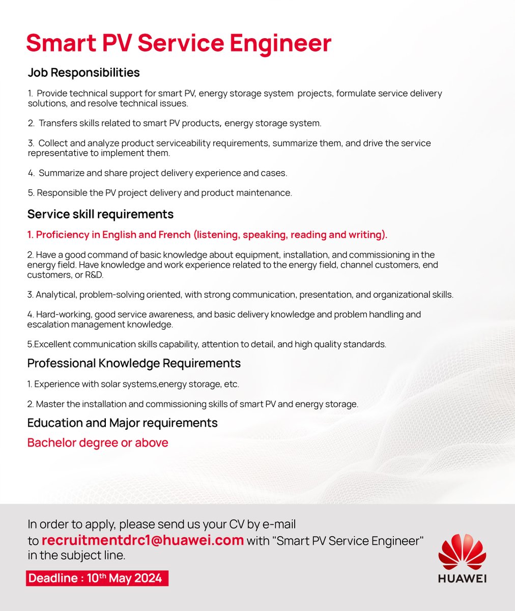 #JOBOFFER
📢Huawei recrute un expert en Smart PV Service basé à Lubumbashi.
📆 Date limite : 10 Mai 2024

Pour postuler, veuillez nous envoyer votre CV par e-mail à recruitmentdrc1@huawei.com avec comme objet du mail 'Smart PV Service Engineer'.

Rejoignez notre équipe et