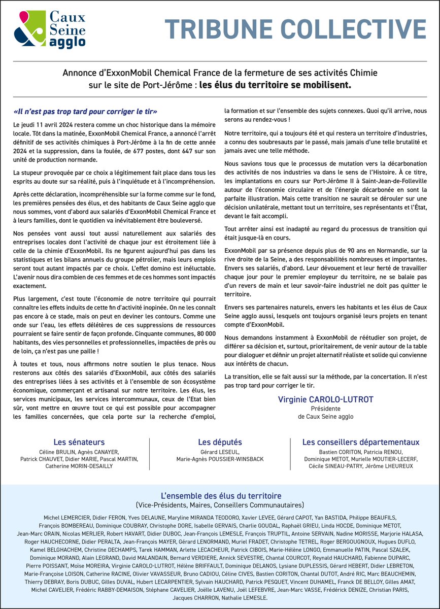 Je vous invite à découvrir la tribune collective signée par l'ensemble des élus du territoire de <a href="/CauxSeineAgglo/">Caux Seine agglo</a> parue aujourd'hui dans la presse locale suite aux annonces d’ExxonMobil Chemical France et la fermeture de ses activités Chimie sur le site de Port-Jérôme.