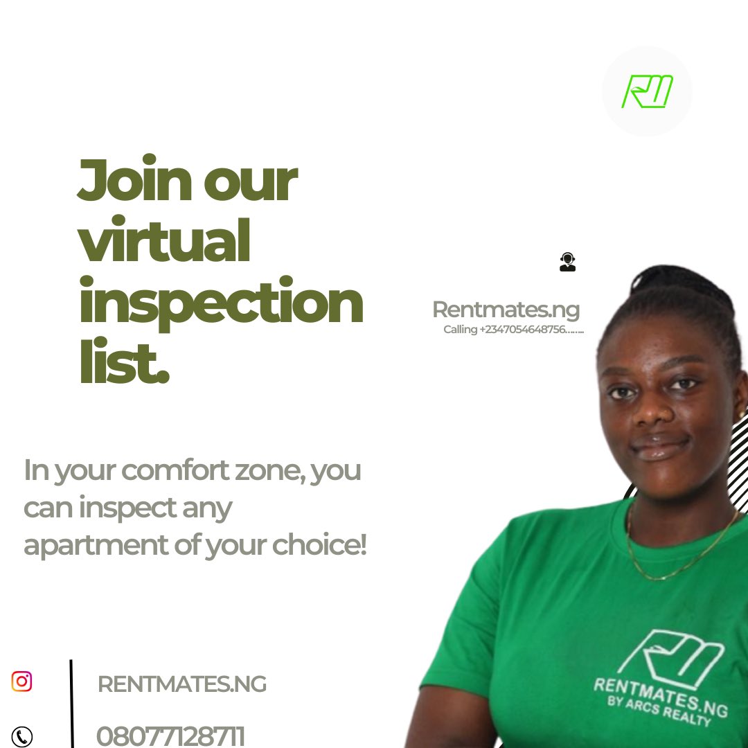 Don’t let a tight schedule hold you back! Rentmates.ng offers virtual inspection! 
Explore, discover and rent your next home from anywhere!

#virtualinspection
#Rentmatesng
#RealEstateGrowth 
#realesatesolutions