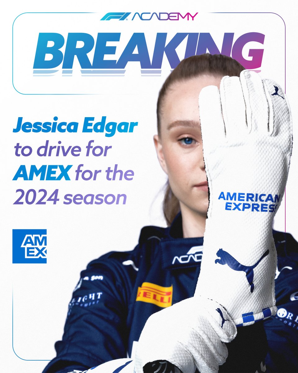 The news is out! 🤩 @AmericanExpress  will be joining the F1 Academy grid as an official partner, joining forces with British racer Jessica Edgar in the #17 car! We're looking forward to seeing what we can do together, both on-track and off 💙 

#F1Academy #WithAmex #MiamiGP