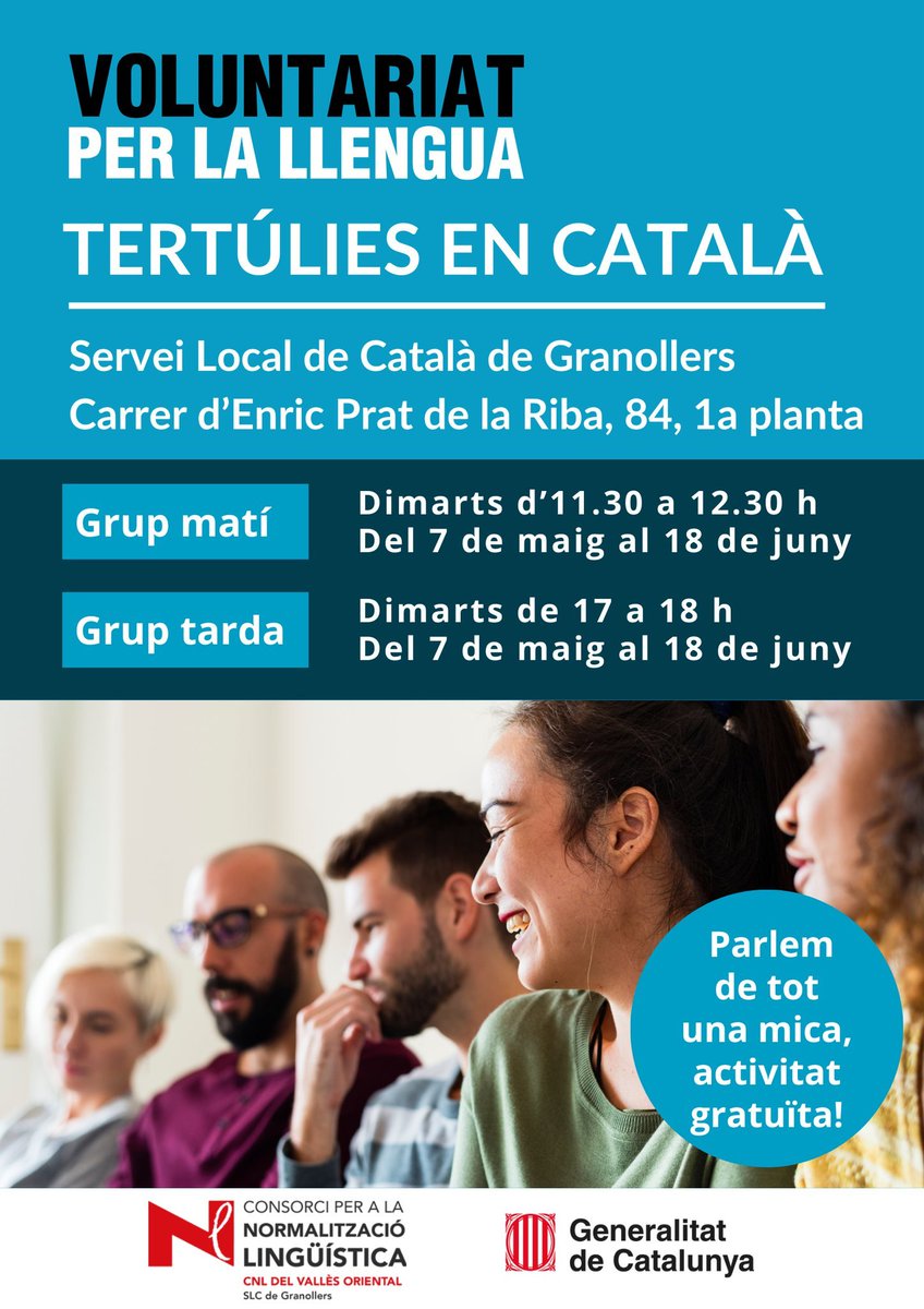 T'agradaria compartir moments agradables de conversa en català i conèixer altres persones?

Vine a les tertúlies en català! És una activitat gratuïta que farem a partir del 7 de maig en dos horaris disponibles.

Practicaràs català i t'ho passaràs  bé!
#ProvemHoEnCatalà