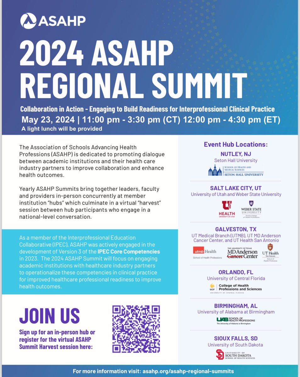 1/2 UTMB School of Health Professions in Galveston has been selected as 1 of 6 locations across the USA to host the 2024 ASAHP Regional Summit for a transformative day focused on 'Collaboration in Action - Engaging to Build Readiness for Interprofessional Clinical Practice.'