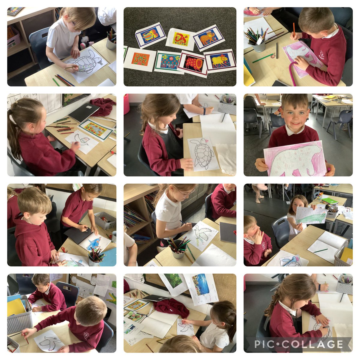 This afternoon, we have been practising creating artwork inspired by the Ukrainian artist Maria Primachenko. We noticed that she used bright colours and patterns and that her artwork always fills the page. We chose animals that we are learning about in our enquiry this term.