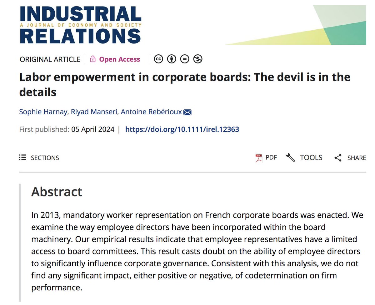 Very pleased to see the article we wrote with S. Harnay and A. Rebérioux published in Industrial Relations We study codetermination, i.e. the inclusion of employee representatives on company boards, and examine their power within the boardroom onlinelibrary.wiley.com/doi/10.1111/ir…