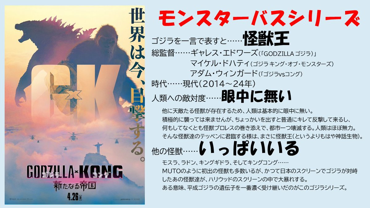 再掲
ゴジラ映画の違いについて、ざっくり個人的まとめ

ゴジラ×コングは連休中に見に行きます
#シン・ゴジラ 
#ゴジラマイナスワン 
#ゴジラxコング