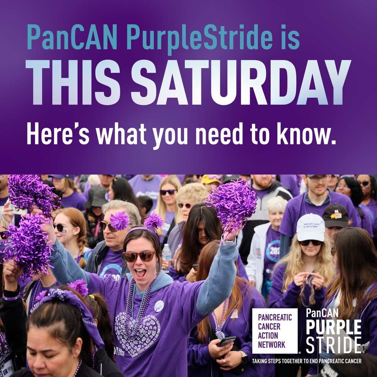 #PanCANPurpleStride is TOMORROW! 🎉👏💜 Here's what you need to know: 

📲 Check your event's website at purplestride.org for official start times, parking information, locations and updates

💸 If you've raised $50 or more, you'll earn your official T-shirt, which can be