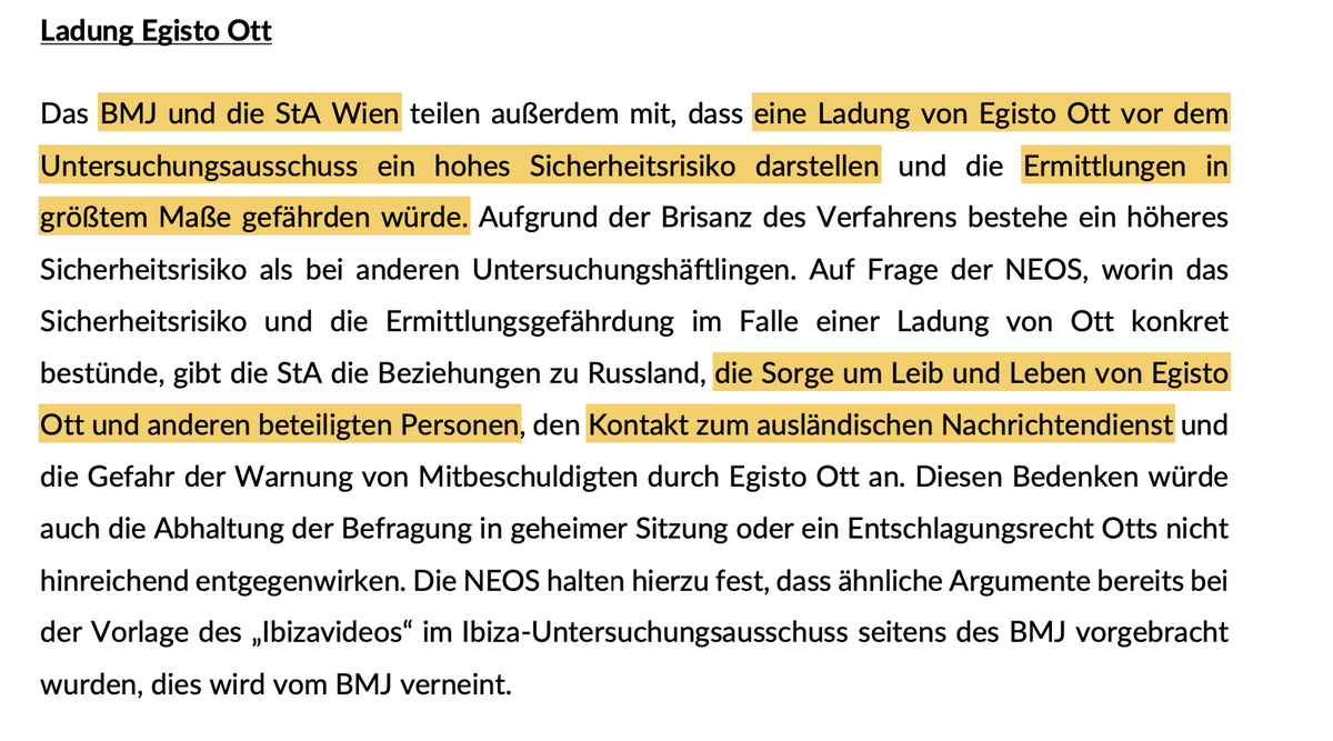 Wie kann es sein, dass die Republik die Unversehrtheit von Egisto Ott nicht gewährleisten kann, wenn er aus der U-Haft ins Parlament transferiert werden soll? Das lässt sehr tief blicken. Hier der Auszug aus dem Besprechungsprotokoll zwischen dem Parlament und dem BMJ. (1/2)