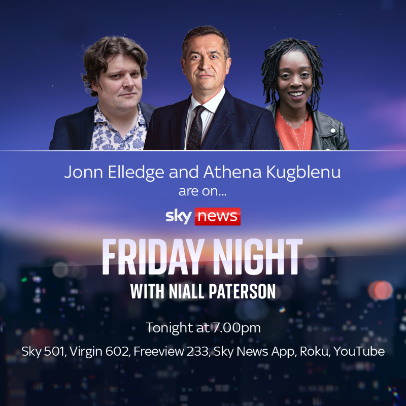 SkyNews's tweet photo. 📢 Coming up on Friday Night with @skynewsniall  👇

✨ Columnist @JonnElledge
✨ Comedian @athenakugblenu
✨ Film critic @annasmithjourno

⏰ 7pm 
📱 Watch live: https://t.co/Jr2jNpzgzY 
📺 Sky 501, Virgin 602, Freeview 233 and YouTube