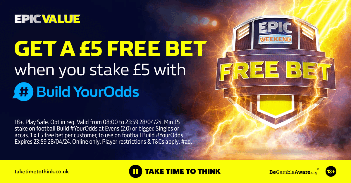 Fancy a £5 Free Bet for today? 🤔

Place £5 on the Build YourOdds market at William Hill today and get a £5 FREE BET here 👉 footyaccums.bet/BuildYourOddsF…

#Ad | 18+ | T&C’s Apply | Play Safe | BeGambleAware.org