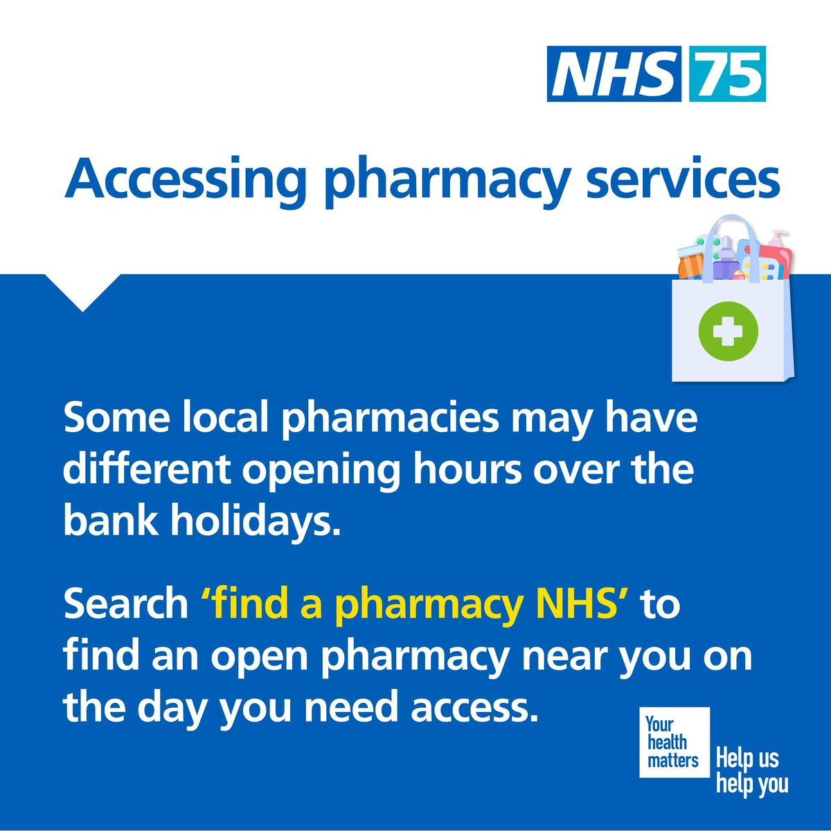 This bank holiday weekend, some pharmacies might have different opening hours. 🕒 Search ‘Find a pharmacy NHS’ to find an open pharmacy near you. #NHS #HereToHelp #BankHoliday