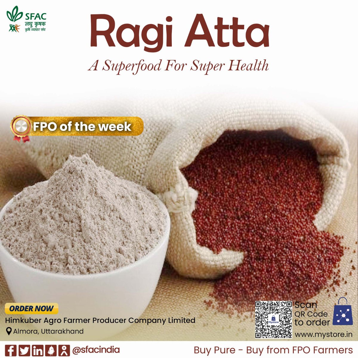 Start a healthy morning with crispy dosa, make delicious laddus or bake your favourite cake with the wholesome Ragi flour. Buy from FPO farmers at👇 mystore.in/en/product/mad… Pure & organic @AgriGoI @ONDC_Official @ukcmo @PIB_India @mygovindia #BocalforLocal #HealthyHabits