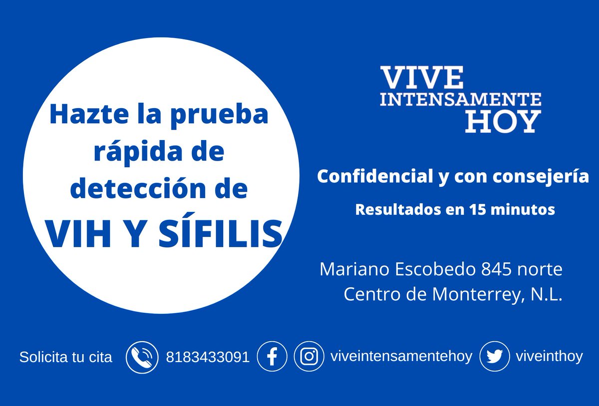 ¡Aprovecha nuestra campaña gratuita!

Si estás en #Monterrey hazte la prueba de detección de VIH y sífilis, confidenciales, con consejería en @viveinthoy y recibe tu resultado en 15 minutos.
#ConoceTuEstado #HazteLaPrueba

Solicita tu cita. De lunes a sábado de 2:30 a 9:00 p.m.