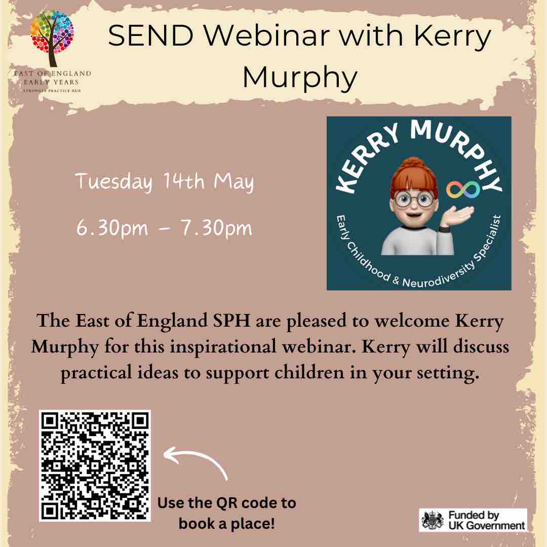 Would you like practical ideas to support the children with SEND in your setting? Join us on this amazing webinar with Kerry Murphy 💻 ow.ly/Tc3g50Rp4p2 #EoEEYSPH #StrongerPracticeHub #SEND #earlyyears