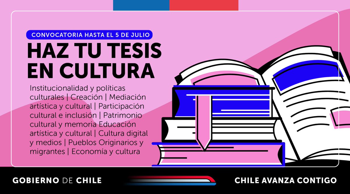 El Ministerio de las Culturas, las Artes y el Patrimonio te invita a ser parte de la 26° edición del concurso Haz tu Tesis en Cultura 2024. ¡Es tu oportunidad de destacarte en la investigación en cultura, artes y patrimonio! Revisa los detalles en cultura.gob.cl/haztutesis/