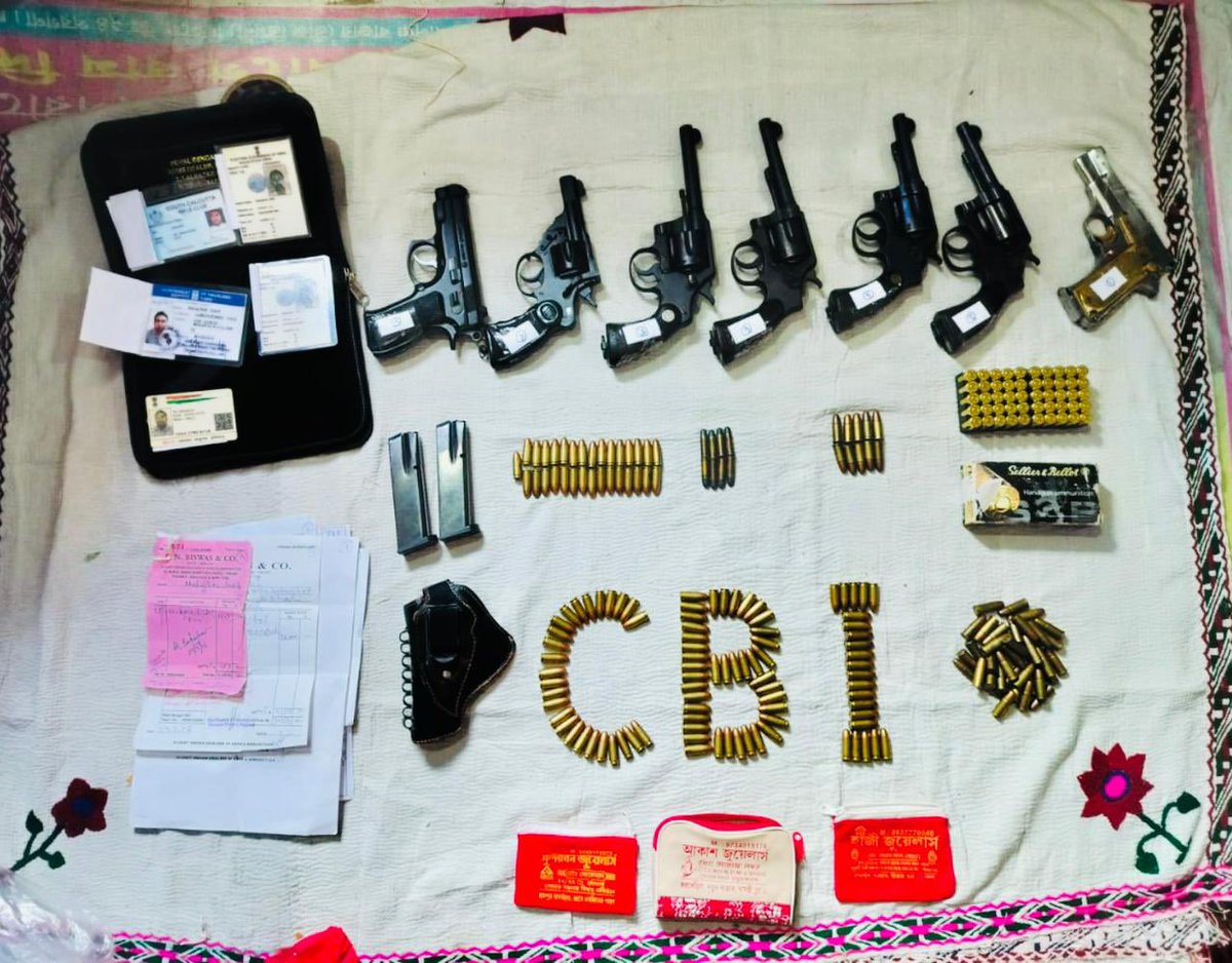 CBI recovers large number of arms and ammunitions including foreign made Pistals & Revolvers during searches in Sandeshkhali, West Bengal in a case related to attack on ED officials. (i) 03 foreign made Revolvers. (ii) 01 Indian Revolver. (iii) 01 Colt official Police…