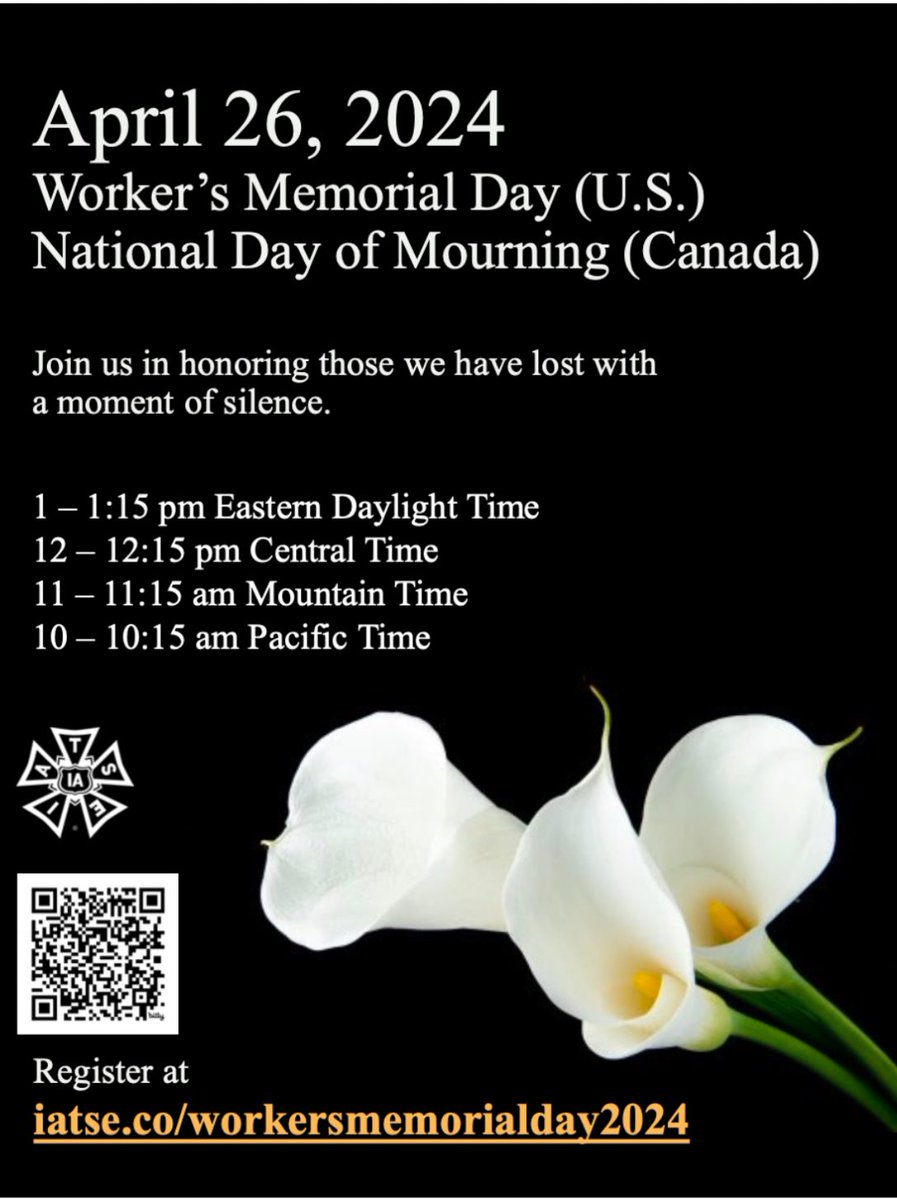 Today is the #NationalDayofMourning in Canada and #WorkersMemorialDay in the United States. Register to join us in honouring those who were killed or injured on the job: iatse.co/workersmemoria…