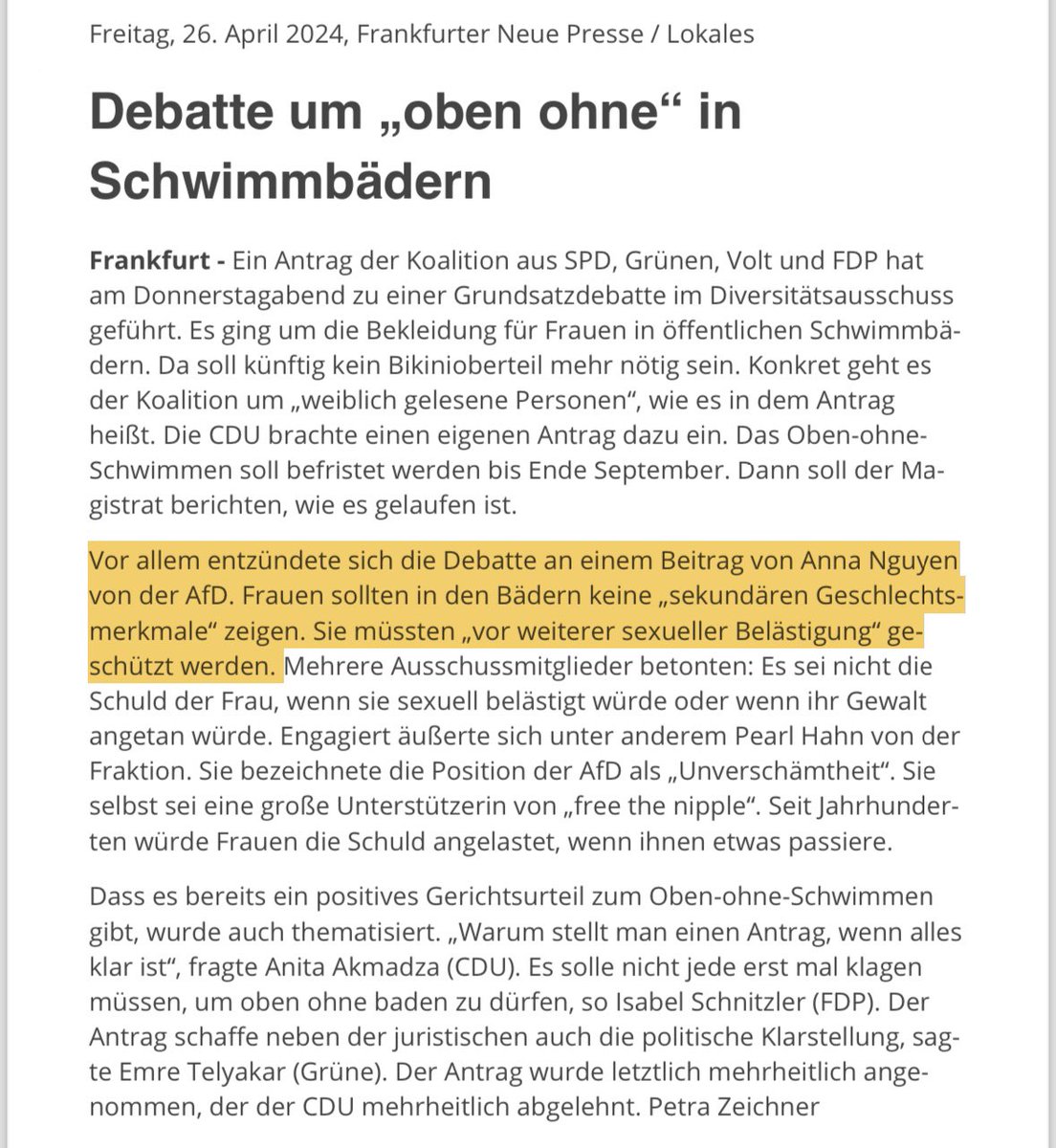 Comedy aus dem Frankfurter Diversitätsausschuss Teil II: Gestern wurde ein Antrag der Koalition aus Grünen, SPD, FDP und Volt verabschiedet, der es „weiblich gelesenen Personen“ erlaubt, sich oberkörperfrei in Schwimmbädern zu bewegen. Ich halte es für falsch, dass Frauen (!)…