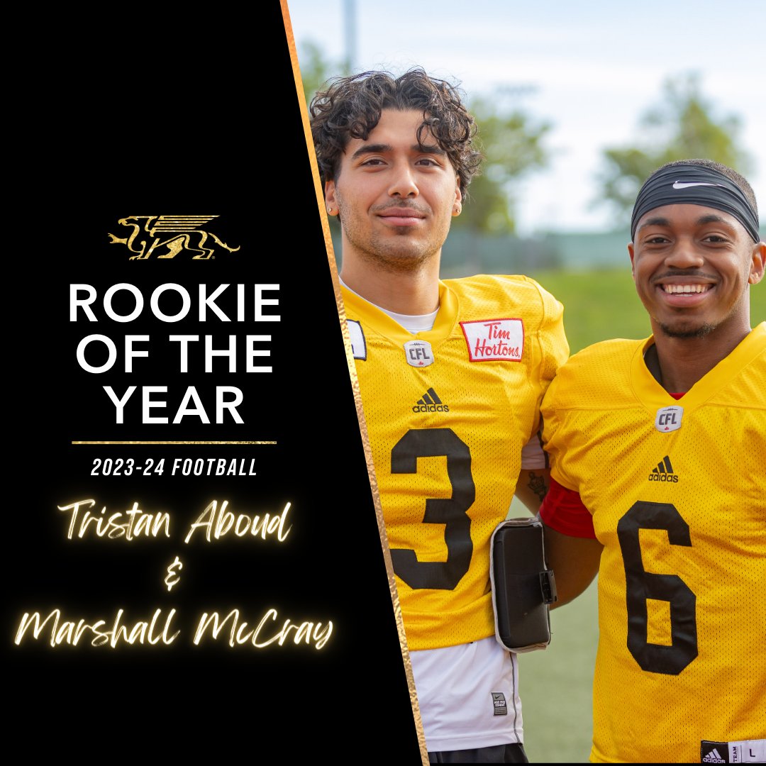 🏈 A sophomore sensation at RB, and two outstanding rookie QBs. Your 2023-24 @GryphonFB team award winners. MVP = Donavin Milloy (1,044 yards rushing in 2023; ranking him 2nd in U SPORTS) Rookies of the Year = Tristan Aboud & Marshall McCray #GryphonPride #GryphonFootball