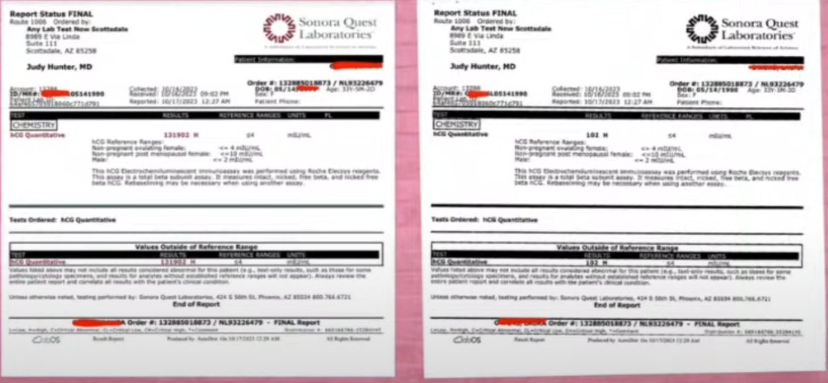 Apologize for the quality, it is a screenshot of a video. On the right is the hCG serum quant shared by Laura's attorney & on the left is the same test (including same date/time & lab order) that Laura emailed to Dave Neal months ago. #justiceforclayton #trampstamplawyer…