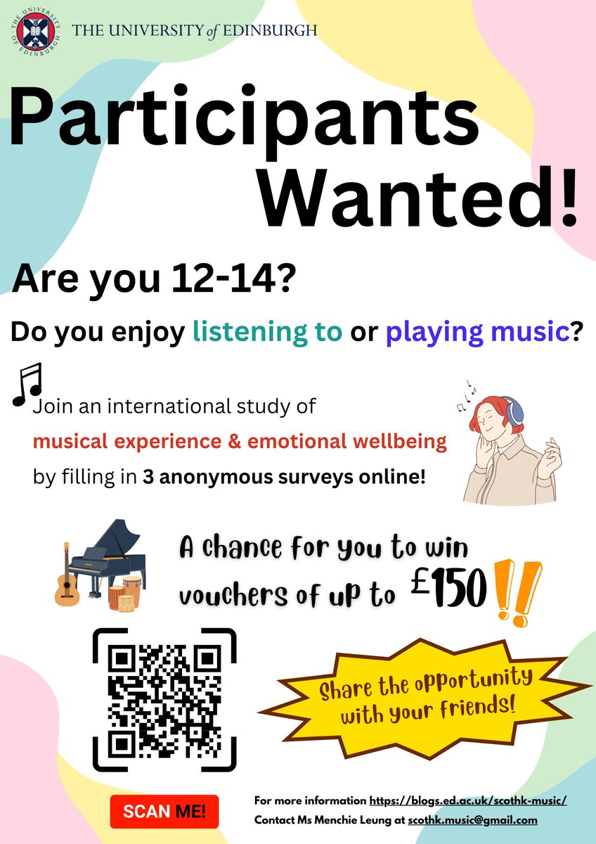 Hi all, I’m recruiting for my PhD study on musical experience and emotional wellbeing!
If you know someone who might be interested in this study, please spread the word! 
#music #musicplaying #youngpeople #mentalhealth #wellbeing