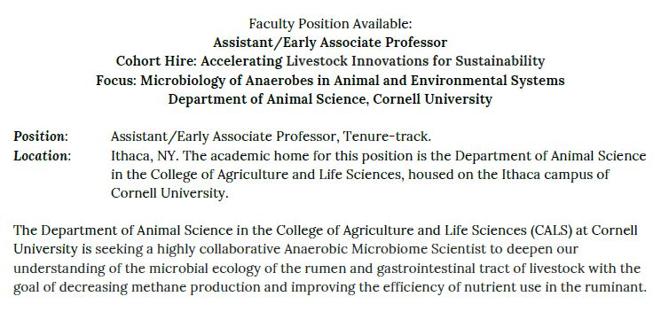 @CornellCALS @CornellAnSci Accelerating Livestock Innovations for Sustainability faculty position hiring has started! Here is the first position. #microbiology #methane #livestock Full description and application here: Cornell University, Animal Science (academicjobsonline.org)