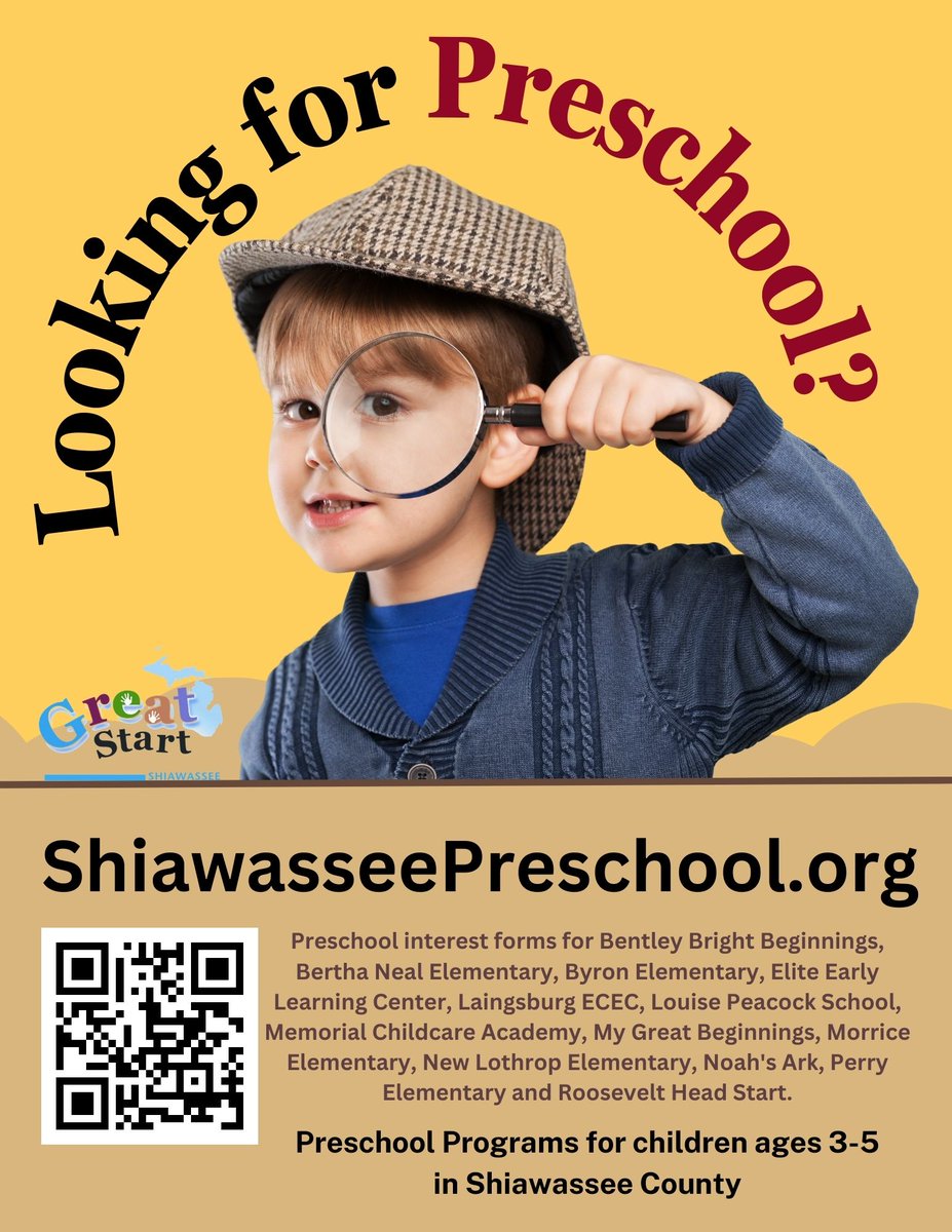 Is my child eligible for preschool?

Children who will turn four on or before September 1st are eligible for preschool.  If you have questions, please feel free to call our Great Start Resource Hub at 989-725-2581 or visit ShiawasseePreschool.org.