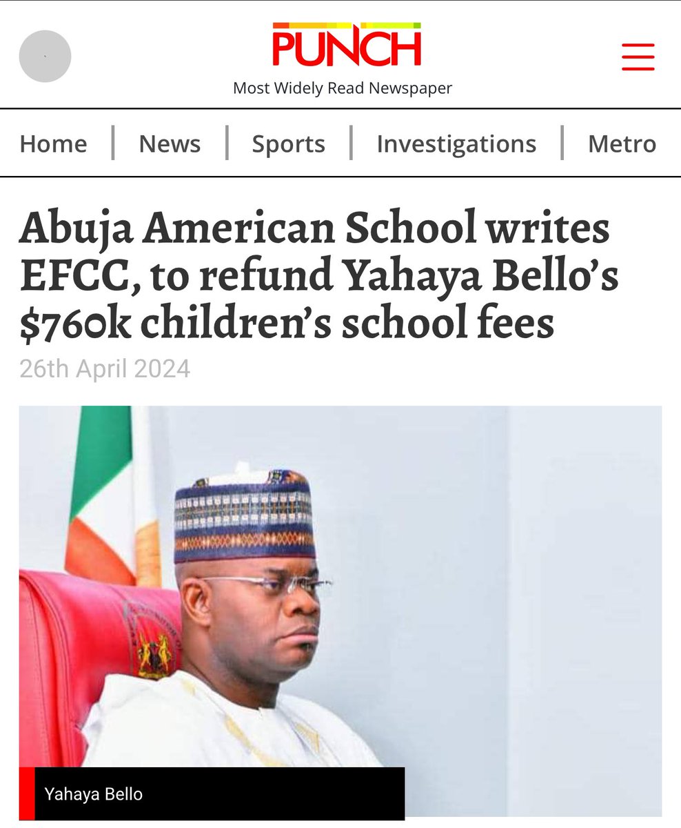 The American International School @AISAbuja, where fugitive former Kogi state governor Yahaya Bello @OfficialGYBKogi and his former Chief of Staff, Ali Bello, laundered close to $ 1 million in the name of paying “future school fees” of their wards should be charged and prosecuted…