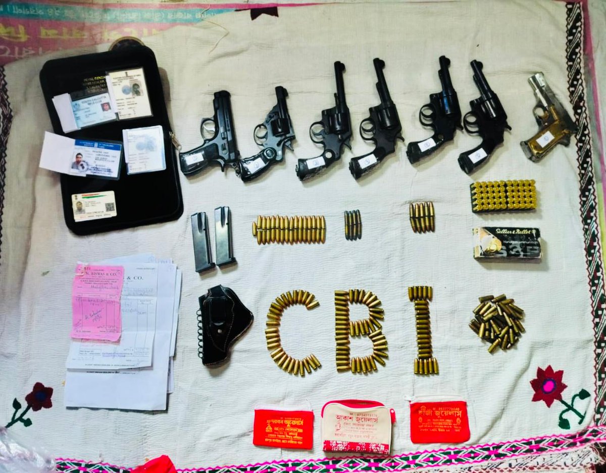 #CBI has recovered the following arms and ammunitions during searches in #Sandeshkhali today 03 foreign made Revolvers 01 Indian Revolver 01 Colt official Police Revolver 01 Foreign made Pistol 01 country made Pistol 09 mm bullets- 120 nos .45 calibre cartridges – 50 nos 9 mm…