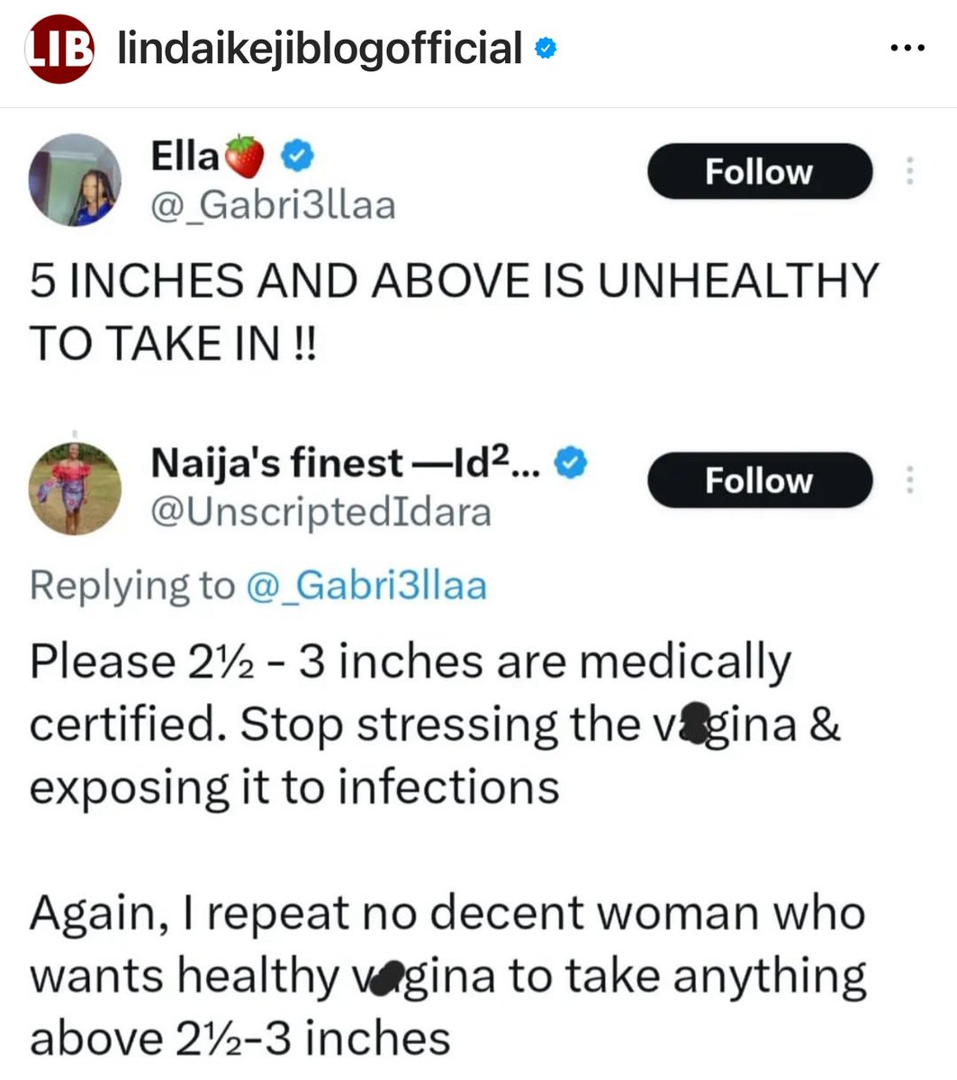 yabaleftonline's tweet photo. "5 inches and above is unhealthy. 2½ - 3 inches are medically certified" - Nigerian women says https://t.co/y5XhZuE80f